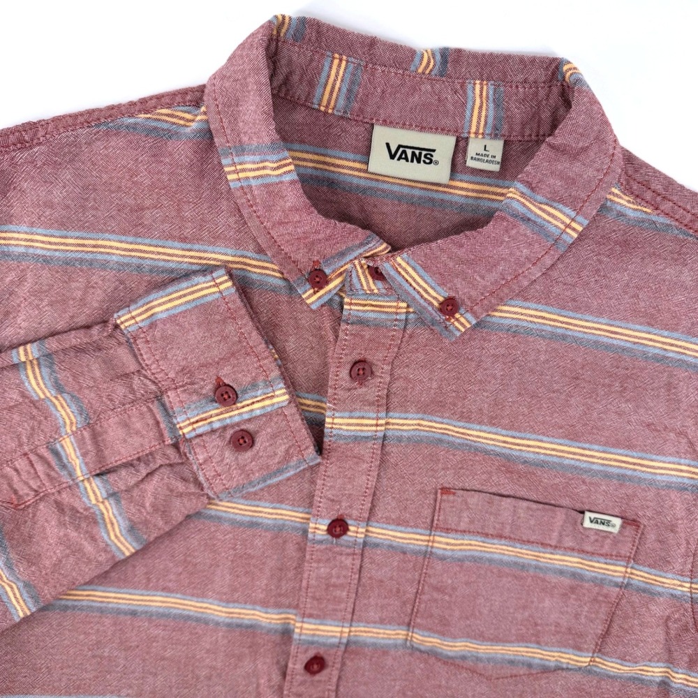 Vans Mens Large Long Sleeve Striped Button Down Shirt Pink Burgundy Skater Prep